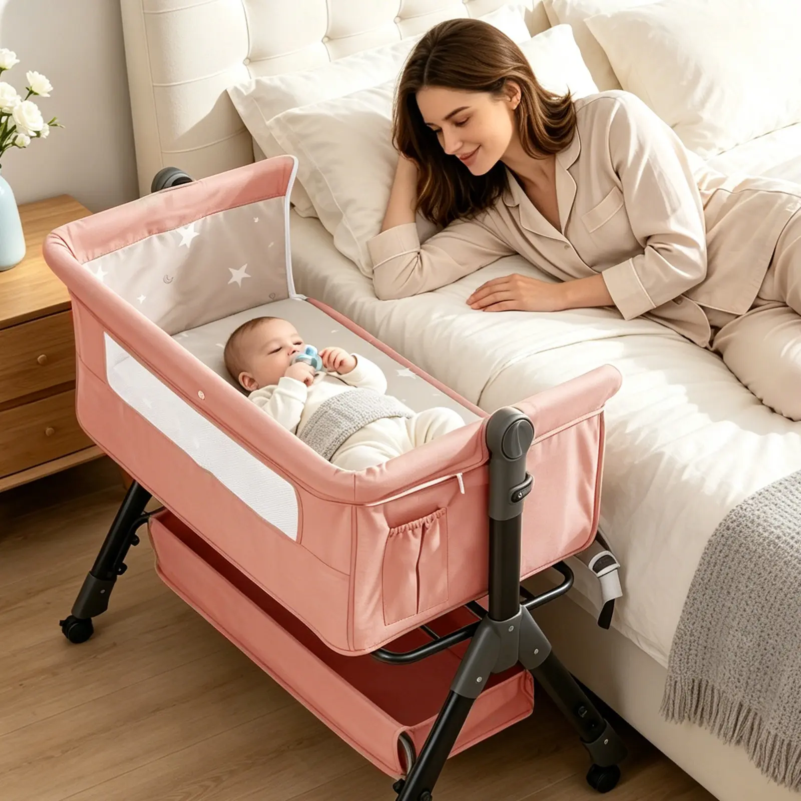 Baby Bassinet Crib, Crib for Infant&Newborn, Bedside Sleeper with Storage Basket and Mosquito Net, Easy to Fold, Height Adjustable, Portable Side Bed Crib
