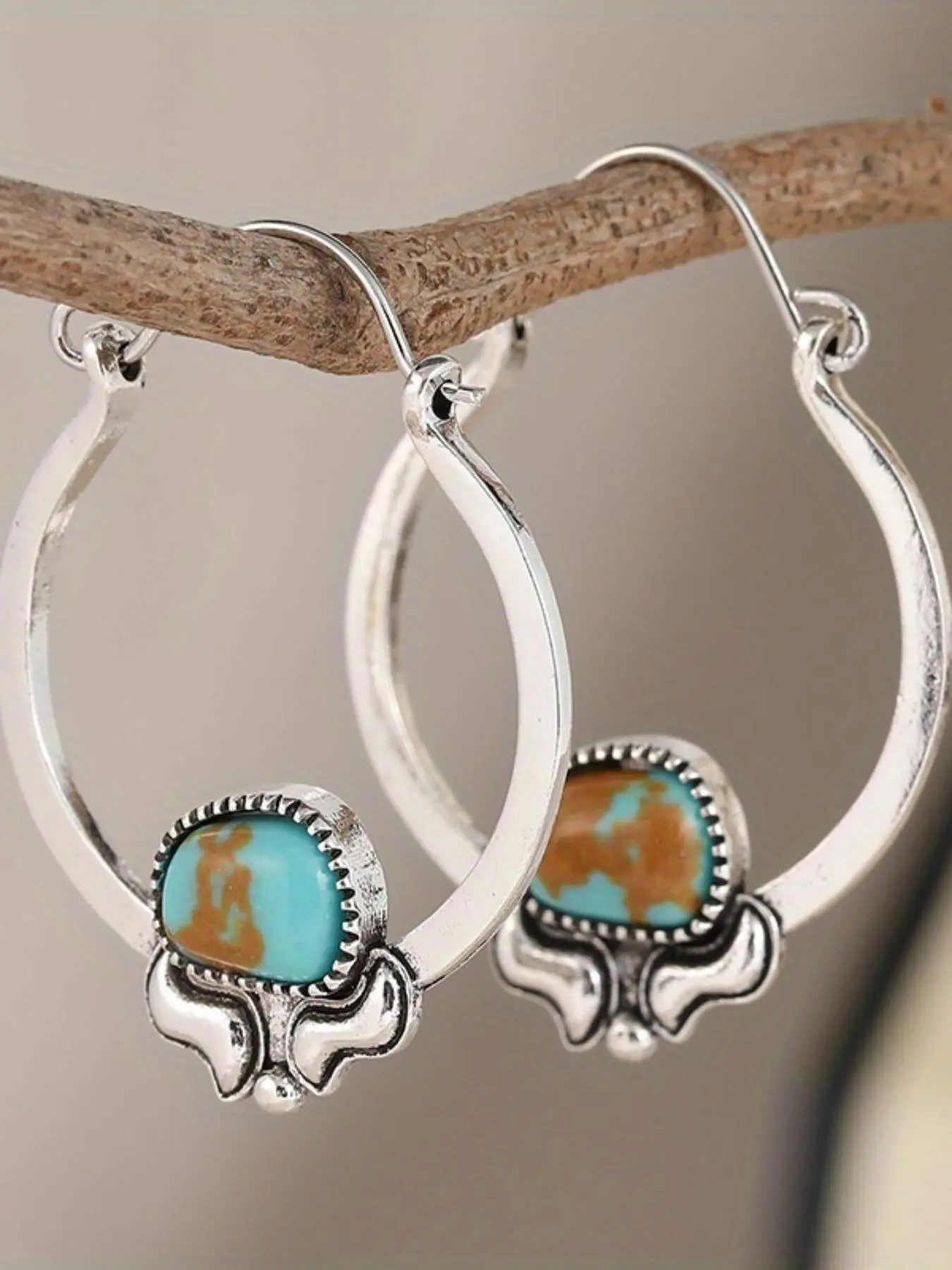 Vintage Turquoise Decor Hoop Structure Earrings, Boho Style Earrings for Women, Fashion Jewelry for Daily Wear, Exquisite Jewelry for Gift, Handcrafted, Unique, Zinc Alloy