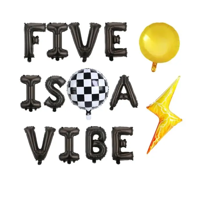 Five Is A Vibe 16" Foil Mylar Balloons, Smiley Face, Checkered Ball, Lightning Bolt,Funny Retro Hippie 5Th Birthday Party Balloons, Black.