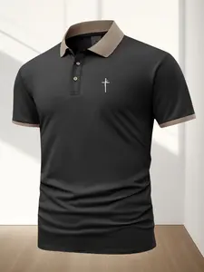 Men's Cross Print Graphic Geometric Casual Aesthetic Classic Short Sleeve Polo Shirt, Summer Fashion Breathable Top, Stylish Leisure Wear, Menswear, Perfect Gift Idea