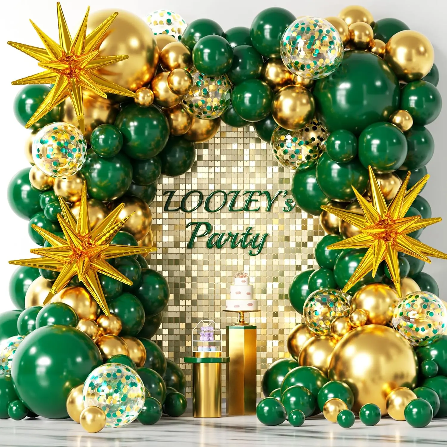 137Pcs Green and Gold Balloons Garland Arch Kit with Stars - 5 10 12 18 inch Dark Green Gold Confetti Latex Balloons for Birthday Shower Emerald Green Jungle Party Decorations