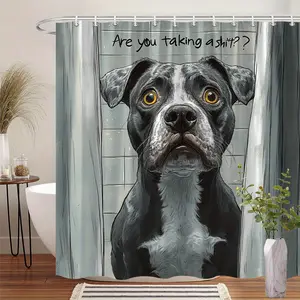1pc Pit Bull Peeker Shower Curtain - Are You Taking a Shower? Bathroom Decor, Bathroom Decoration Accessories, with Cute Pit Bull Dog Design, Machine Washable Polyester Fabric, Extra Long Bath Curtain (70x70 Inches), Includes 12 Hooks