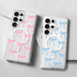 Beautiful bow Magnetic phone Case for Samsung S26/S25/S24/S23/S22/S21/S20/S10/NOTE20/NOTE10/NOTE9/PLUS/ULTRA/FE/A57/A56/A55/A54/A37/A36/A35/A34/A26/A25/A24/A23/A17/A16/A15/A14/A07/A06/A05,with MagSafe,Girly pink Transparent Shockproof Protective Cover