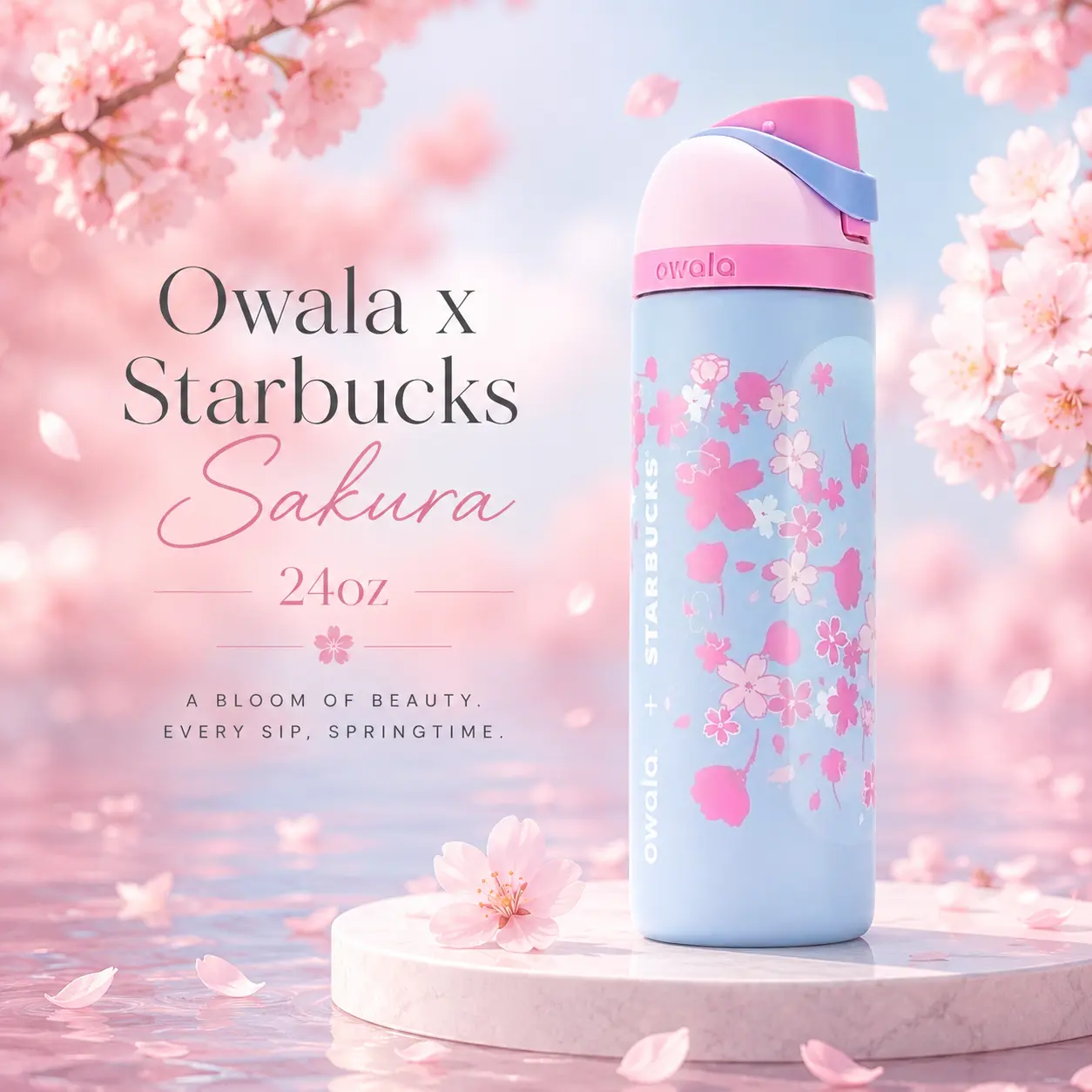 Owala Sakura 24oz FreeSip Water Bottle (Collab with Starbucks) – Cherry Blossom Insulated Stainless Steel Bottle with Straw