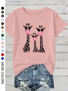 Women's Homewear Giraffe Print Half Sleeve T-Shirt, Casual Round Neck Crewneck Tee, Daily Wear, Women's Summer Top, Patterned T-Shirt, Soft, Womenswear, Lady