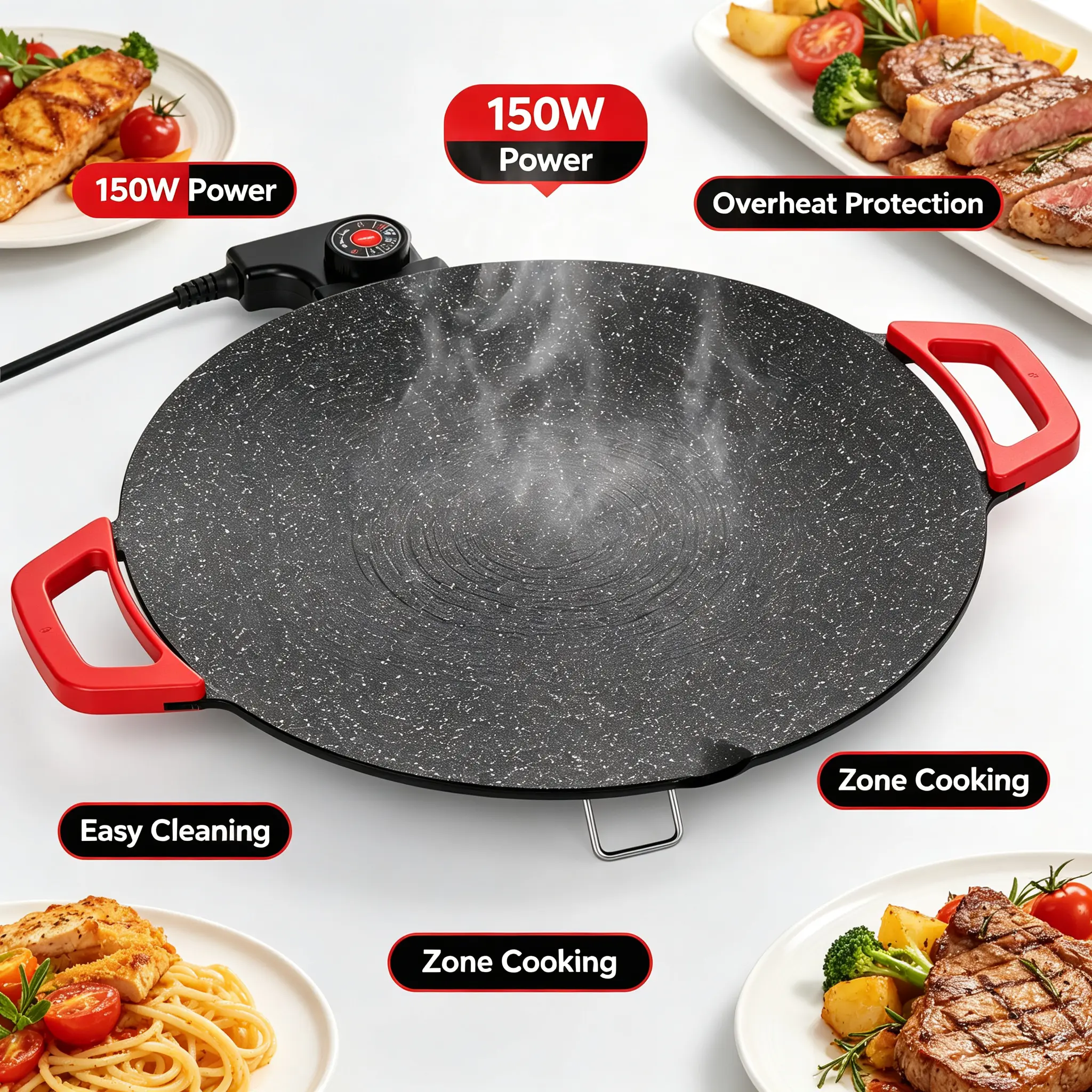 griddle for home,1500w portable electric,electric grill indoor, portable electric comal, indoor grill, non-stick grill pan, korean grill, electric griddle, round griddle, grill indoor, mini pancakes,Adjustable Temperature Electric Skillet Pan，