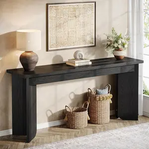Tribesigns 70.9-Inch Farmhouse Console Table For Living Room, Long Wood Sofa Table Behind Couch With Double Pedestal, Black