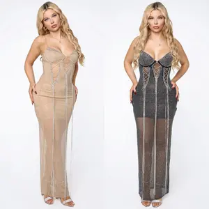 Rhinestone Mesh Corset Maxi Dress – Sparkly Crystal Gown with Sheer Details