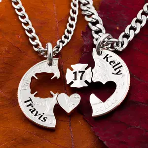 Firefighter Love Couples Necklaces, Engraved Names and Firefighter Number, Firefighters Spouse, Wife or Husband, Hand Cut Coin