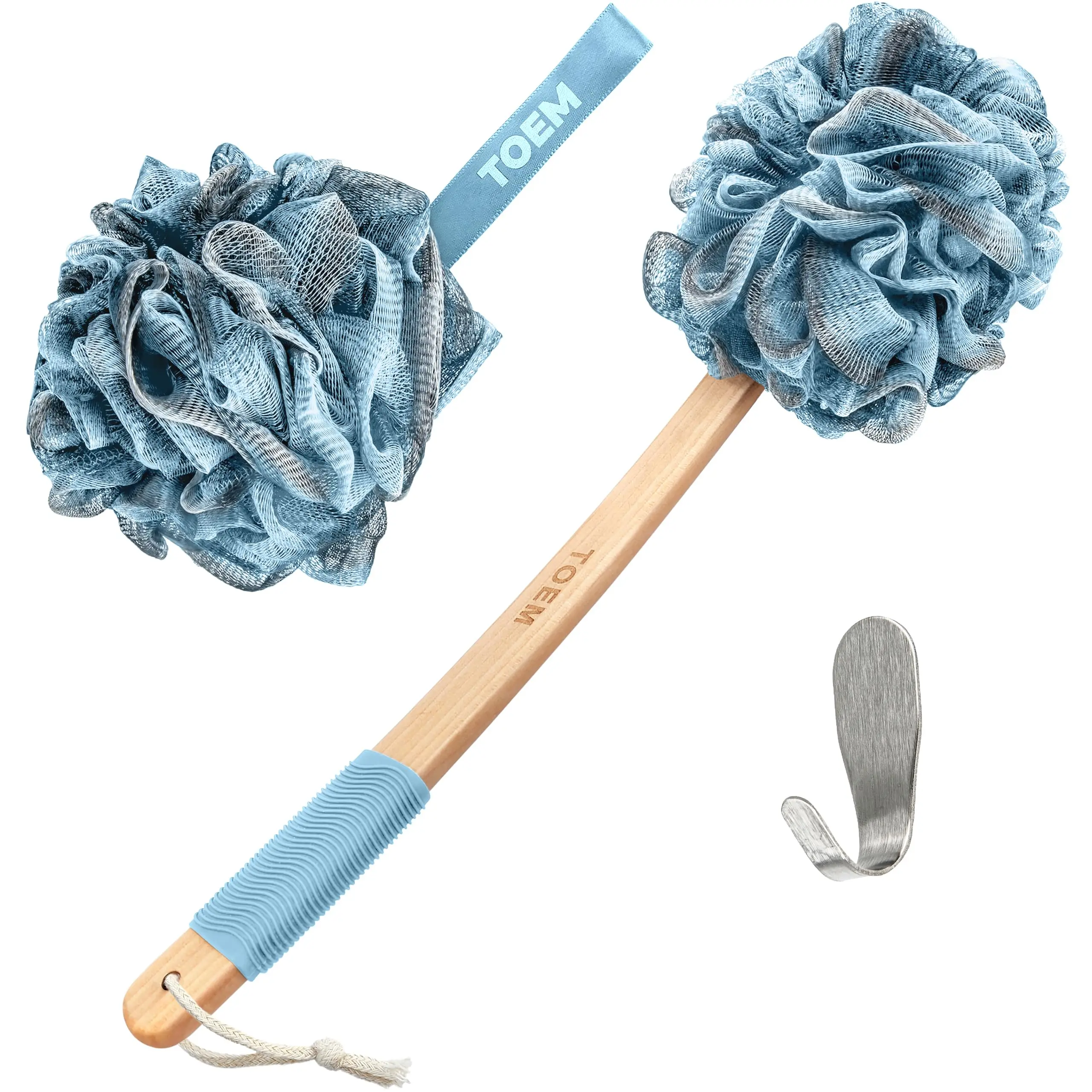 Loofah Back Scrubber for Shower | Bamboo Charcoal Infused | Loufas for Men & Women | Includes 1 Long Handled Shower Sponge, 1 Bath & Shower Luffa Pouf & 1 Hook to Hang Stuff (Sky Blue)ZAZK63