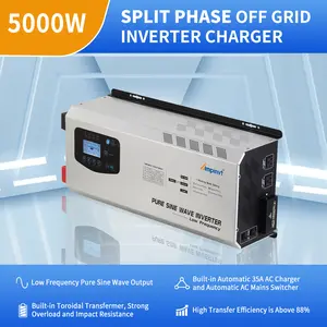 5000W DC 48V Split Phase 120/240V Pure Sine wave Inverter with AC Charger Dual Phase Dual Output without MPPT Solar Charge Controller  Power Safety Plug Socket Toroidal Transformer High Transfer Efficiency