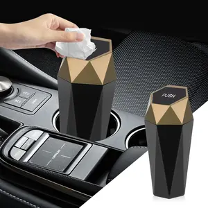 Car Trash Can with Lid, Leakproof Vehicle Trash Bin, Diamond Design Mini Garbage Bin, Car Interior Accessories Portable ABS Car Garbage Can for Car, Home, Bedroom, Kitchen, Office (Gold)