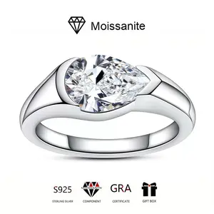 S925 Silver Semi-Mounted 2.5 Carat Moissanite Water Drop Ice Cut Flower Ring for Women, Light Luxury Simple Valentine's Day Gift