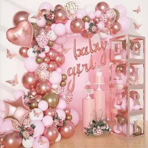 134pcs Rose Gold Balloons Baby Shower Decorations for Girl Boxes, Butterfly Stickers Balloon Garland Arch Kit Baby Box with Letter (A-Z+Baby) for Women Birthday Bridal Party Decoration