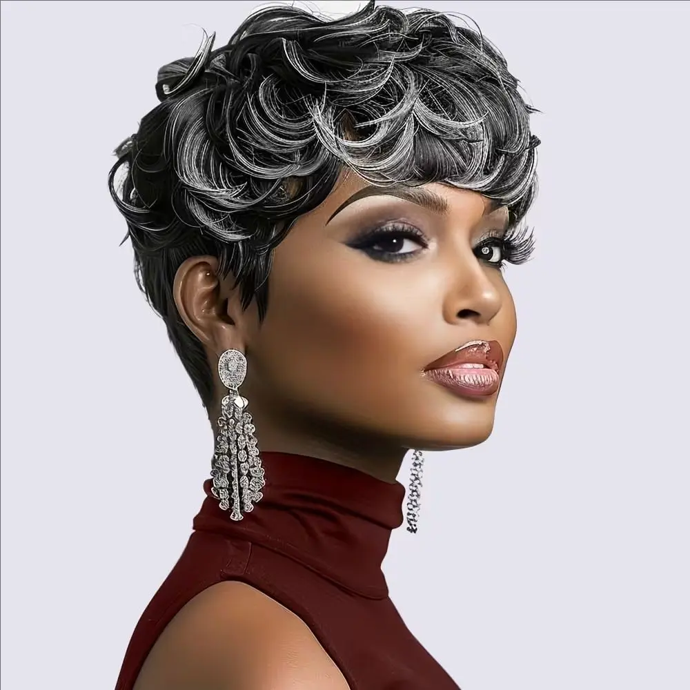 Synthetic Ombre Grey Short Curly Pixie Wig – Black Mixed Grey Short Gray Hair Wig for Women, Instant Wig Confidence Bixie Cut Wigs