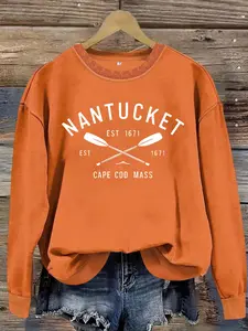 Women's Nantucket Established 1671 Print Crew Neck Sweatshirt, Casual Long Sleeve Pullover for Fall & Winter, Women's Clothes for Daily Wear, Hoodie