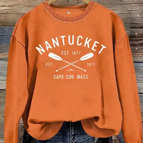 Women's Nantucket Established 1671 Print Crew Neck Fitted Sweatshirt, Graphic Print Sweatshirt, Casual Long Sleeve Pullover for Fall & Winter, Women's Clothes for Daily Wear, Hoodie, Tops, Crewneck Pullover, Round Neck Sweatshirts