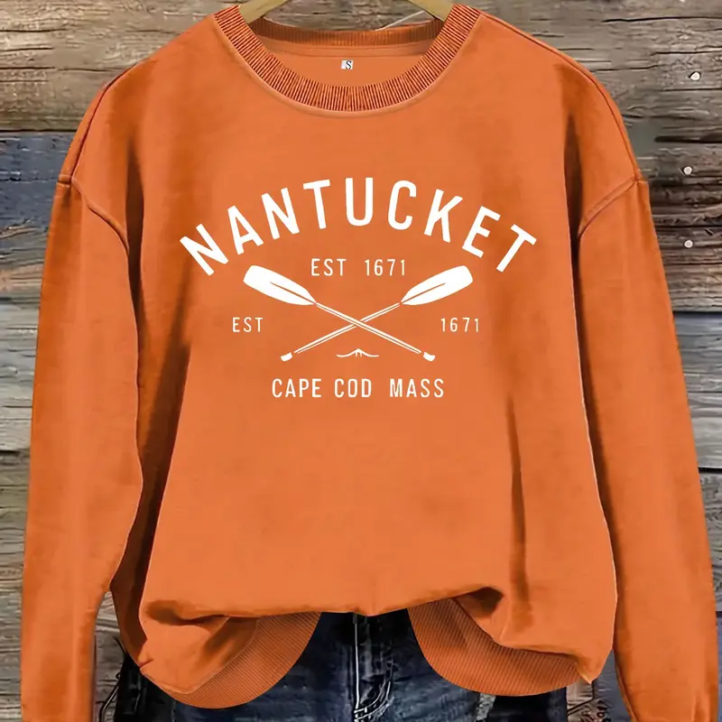 Women's Nantucket Established 1671 Print Crew Neck Fitted Sweatshirt, Graphic Print Sweatshirt, Casual Long Sleeve Pullover for Fall & Winter, Women's Clothes for Daily Wear, Hoodie, Tops, Crewneck Pullover, Round Neck Sweatshirts