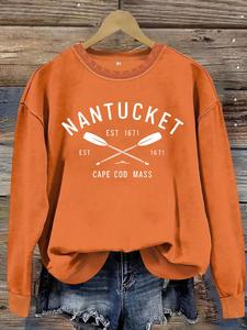 women's nantucket established 1671 print crew neck sweatshirt, casual long sleeve pullover for fall & winter, women's clothes for daily wear, hoodie