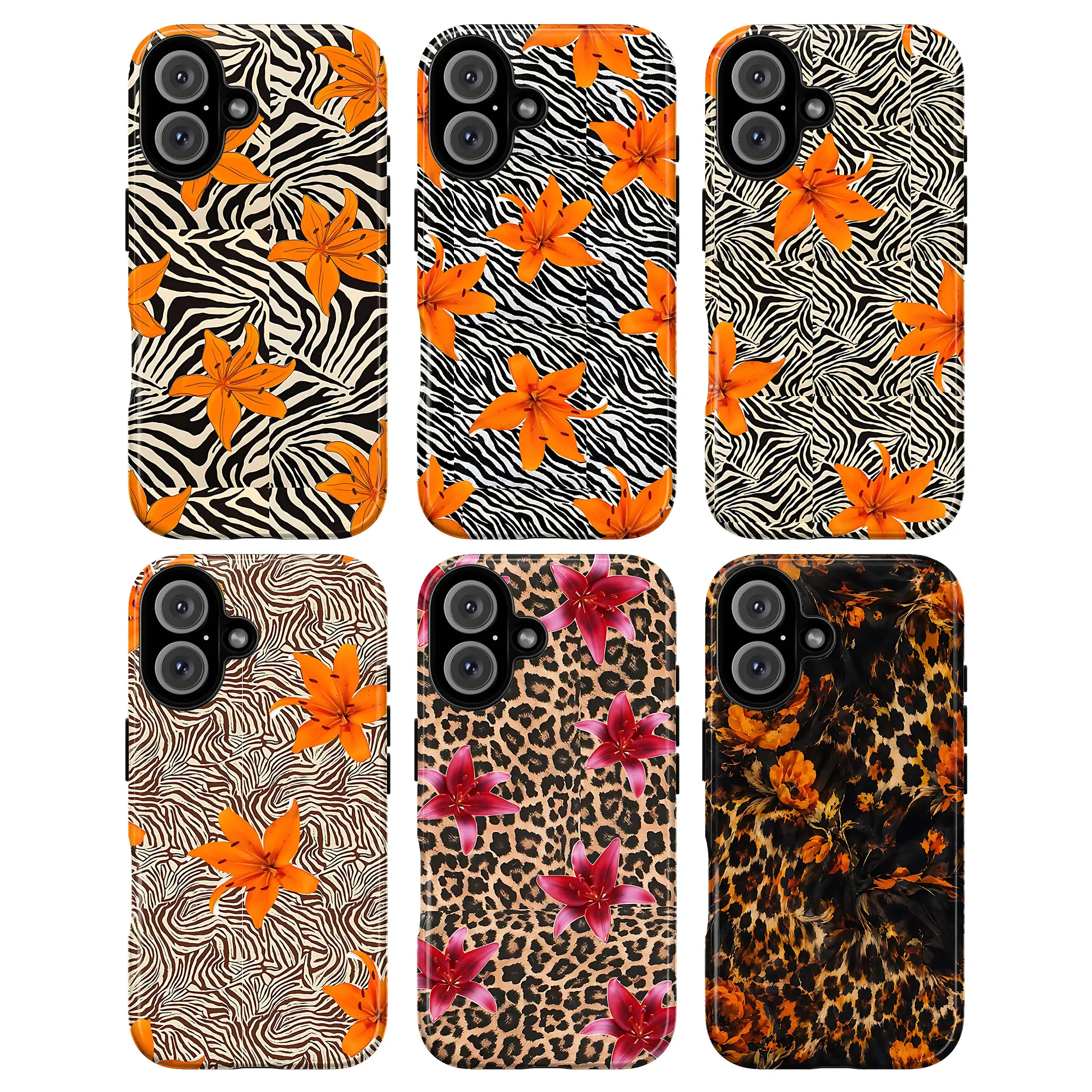 Wildflower Animal Print Phone Case, Zebra Stripe and Leopard Pattern iPhone Cover, Orange Lily Floral Design, Bold Nature Aesthetic, Safari Style Protective Case, Trendy Fashion Phone Accessory, Statement Gift Idea