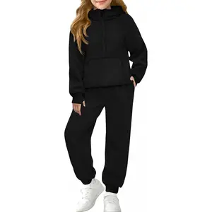 Girls 2 Piece Outfits Sweatsuit Kids Fleece Half Zip Hoodies Sweatshirt and Sweatpants Set with Pockets