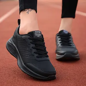Women's Lightweight Black Sneakers - Casual Lace-up Running Shoes, Faux Leather Fabric, Breathable Lining and Non-slip Sole, Suitable for All Seasons