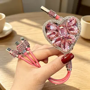 Shiny Diamond Charger Cable 3-in-1 Heart Bling Rhinestone Pink Clear Cute Aesthetic Fast Charge TikTok Trend Gift for Women