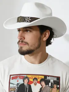 Western Cowboy Hat with Large Brim, Wool Blend Bull Head Decoration, Vintage Unisex Outdoor Sun Protection Cap, Sporty Fitted Style