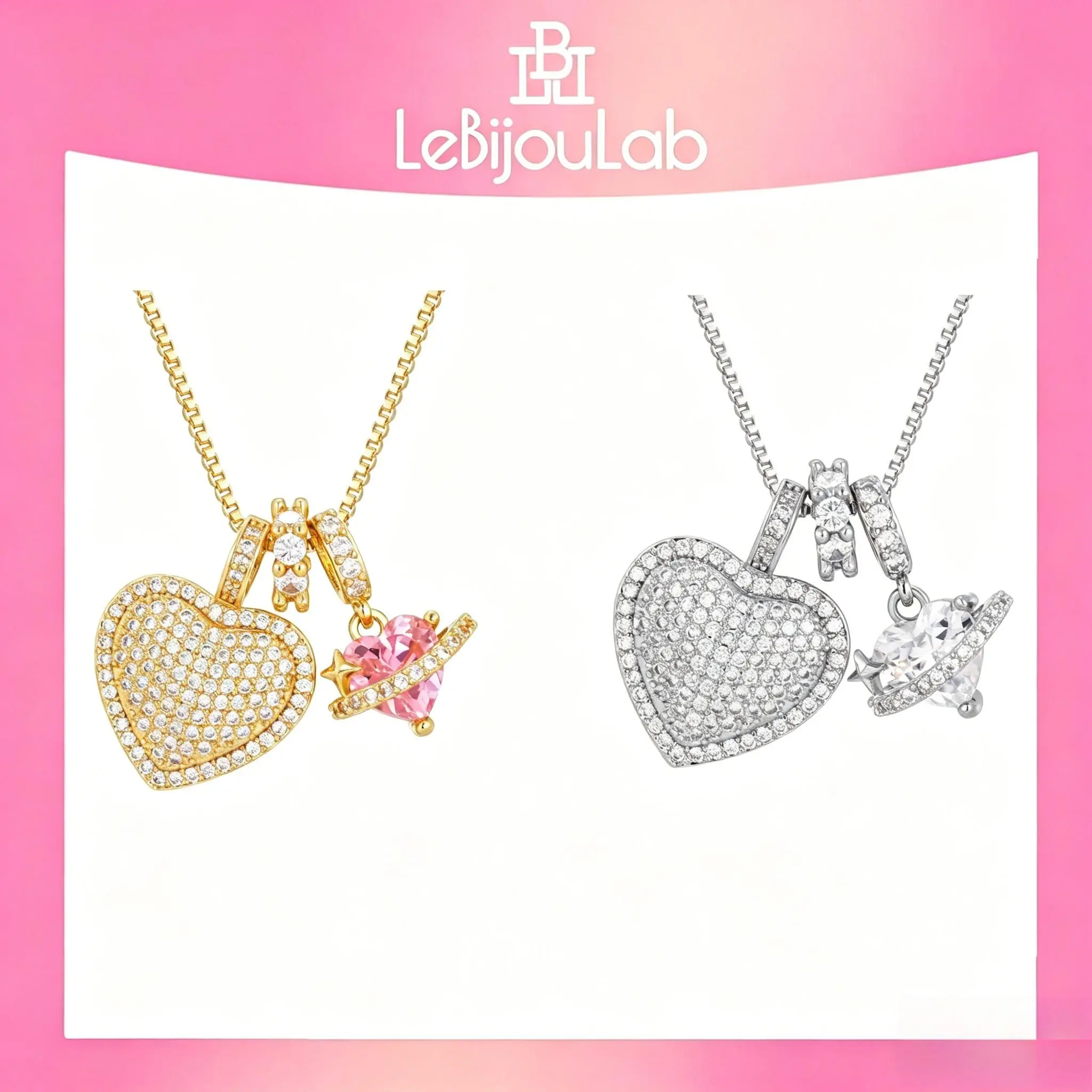 [LeBijouLab] Cute Golden & Silver Heart   Pendant  Necklace for Women | Lovely Pink CZ   Versatile  Heart Necklaces for Her | Dainty Y2K Jewelry for Woman | Trendy Aesthetic Jewelry for Girls | Birthday Gifts | Anniversary Gifts | Mother's Day Gift