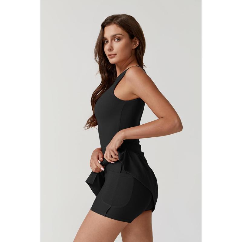 Womens Crew Neck Tennis Dress Sleeveless Side Slit Golf Athletic Dress Build in Shorts with Pockets