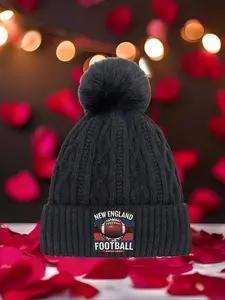 Unisex with New England Football Print Comfortable Stylish and Leisure Activities 2026 new model Multi Color Soft Fabric Pom Pom Winter Hat Beanie Fitted Warm Cozy Unisex Headwear with Universal Fit Versatile Cold