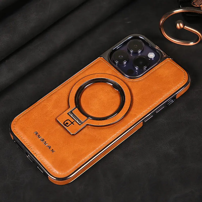 iPhone17pro max mobile phone cases, high-end business leather magnetic holder, suitable for Apple 16 anti-fall electroplating protective cover