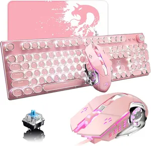 ATTACK SHARK×XINMENG X9 Typewriter Keyboard and Mouse, Retro Vintage Mechanical Gaming Keyboard with White LED Backlit,104 Keys Anti-Ghosting Blue Switch Wired Cute Keyboard, Round Keycaps for Desktop PC/Laptop Mac