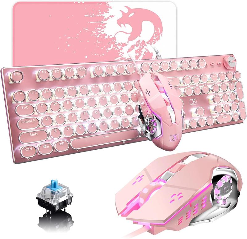 ATTACK SHARK×XINMENG X9 Typewriter Keyboard and Mouse, Retro Vintage Mechanical Gaming Keyboard with White LED Backlit,104 Keys Anti-Ghosting Blue Switch Wired Cute Keyboard, Round Keycaps for Desktop PC/Laptop Mac