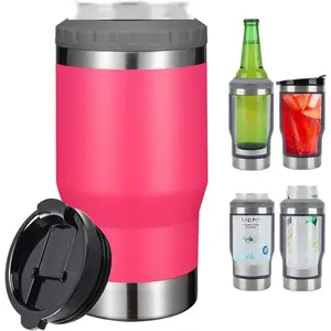 4 in 1 Travel Mug and Can Insulator for 12 oz Can and Beer Bottle. Stainless steel Vacuum Insulated Cup and Thermocooler. (Bright Pink)