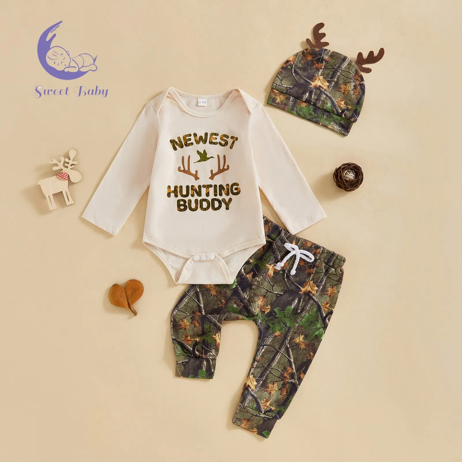 Baby Boy 3-Piece Fall Gift Set - Baby Boy Clothes, Long-Sleeve Crew Neck Letter Print Romper, Leaf Print Sweatpants, Antler Hat