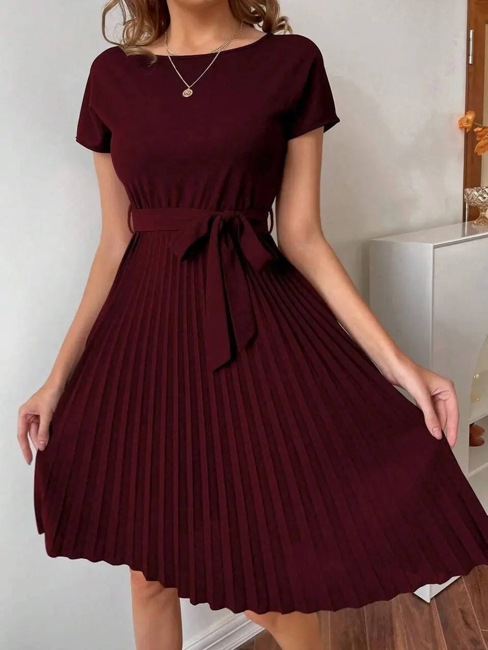 Pleated Hem A-Line Dress, Self Belted Midi Summer Dress for Casual Vacation & Everyday Wear