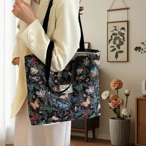 Classic Butterfly Print Handbag with Zipper Canvas Bag Retro Style Tote Bag Women's  for Shopping Travel Vacation Use