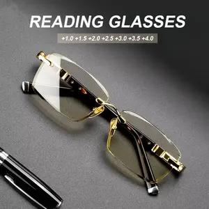 Luxury Rimless Crystal Lens Reading Glasses - Diamond-Cut Square Frame, Blue Light Blocking, HD Wear-Resistant, +1.0 to +4.0 Strength Optional, Unisex, Suitable for Reading, Computers & Screens, Premium Style