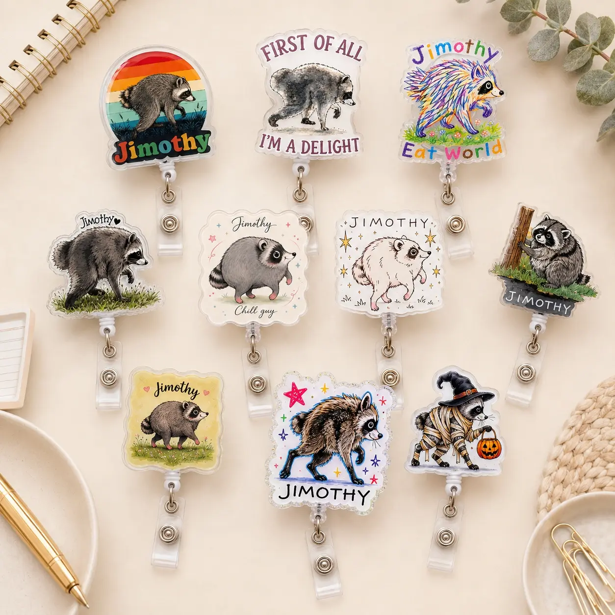 Jimothy The Raccoon Badge Reel, Funny Trash Panda Retractable ID Holder, Nurse Teacher Coworker Gift