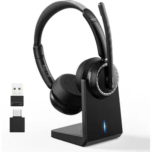 Headset, 5.3  Headset with AI Noise Cancelling Mic, Computer Headset Rechargeable, USB Dongle,  Base, On-Ear Headphones for Trucker/Remote Work/Call Center