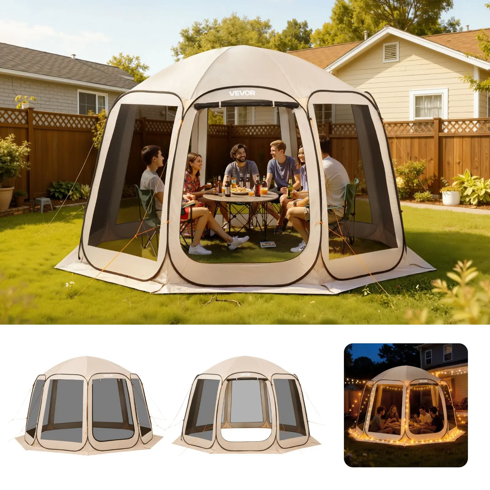【Summerfinds】VEVOR Screen House Tent, 12 x 11 ft, 10-12 Person Pop Up Screen Tent, Portable Screened in Canopy with Carry Bag, Netting Sides, Ground Stakes, for Garden, Patio, Backyard, Outdoor Activities, Beige Easy Setup Tents Event Tent