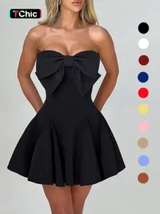 Women's Bow Decor Backless Tube Short Dress, Fashion Casual Strapless Sleeveless Fit and Flare Dress for Daily Outdoor Wear, Women Dress for Spring Fall