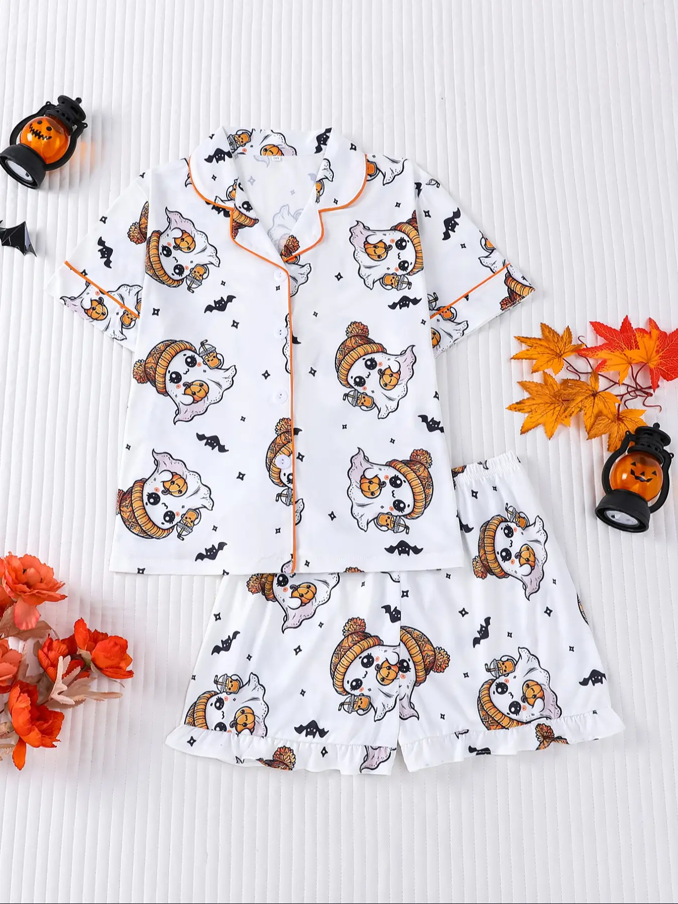 Halloween Children's Pajamas 2-Piece Set; Cute Ghost Bat Print Children's Pajamas for Girls, New Thin Sleeve Shorts 2-Piece Set for Older Girls, Child