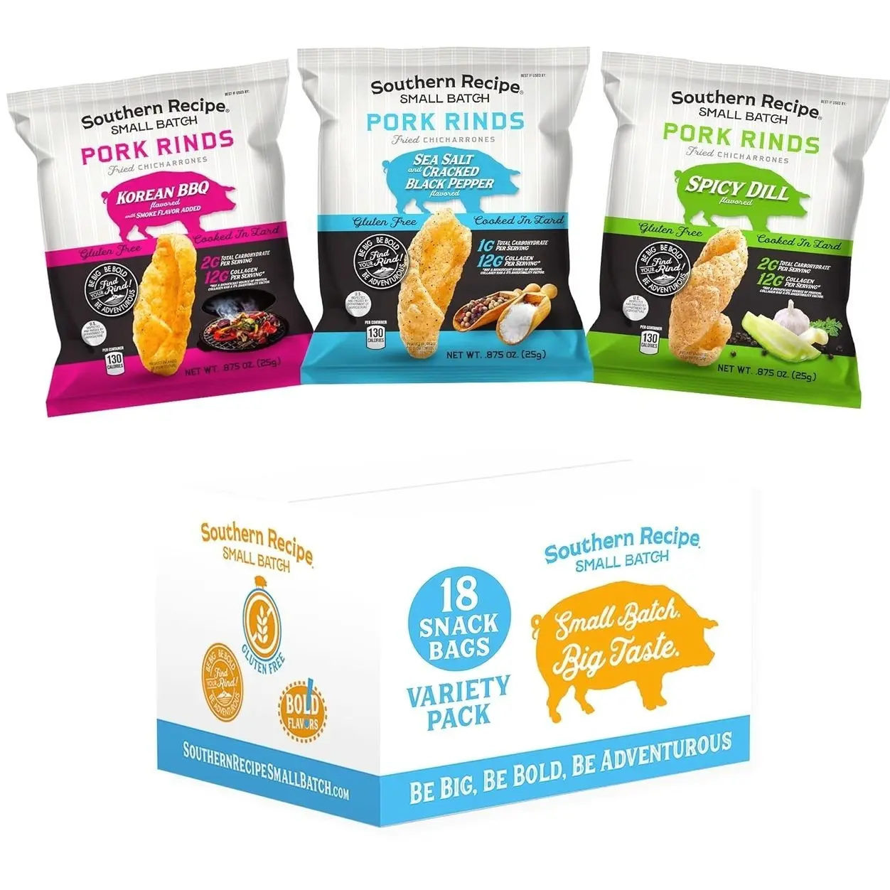 Pork Rinds Variety Pack | Salt & Pepper, Korean BBQ, & Spicy Dill | Southern Recipe Small Batch Chicharrones | Keto Friendly & Low Carb | Snack Bag (18 Count)