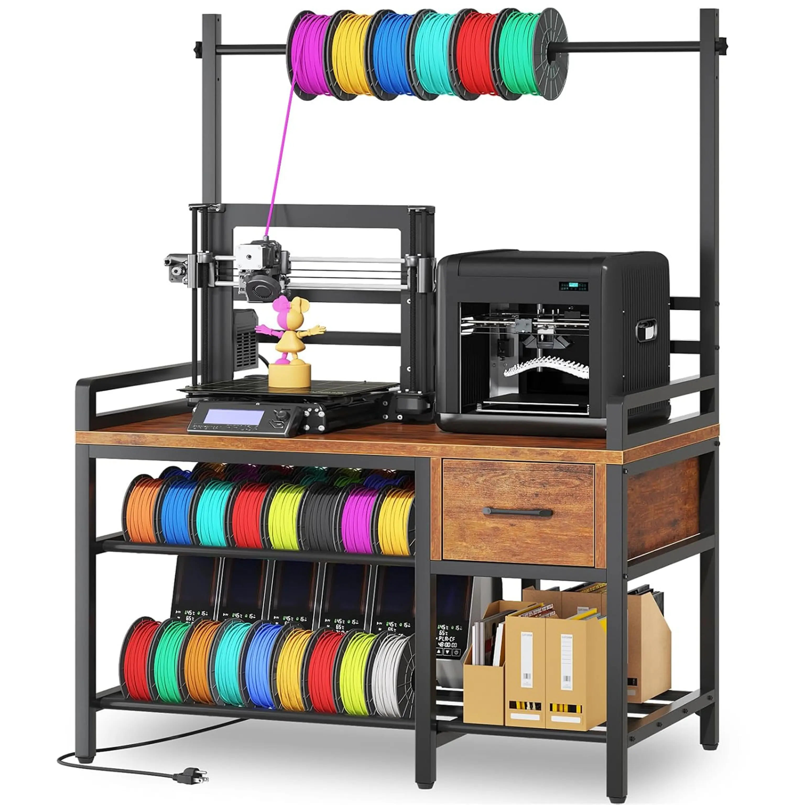 3D Printer Stand with Filament Storage Rack, 3D Printer Table Workbench with Wooden Drawer, Built-In Power Strip, Adjustable Spool Holder for Maker Space, Studio, Workshop & Home Office