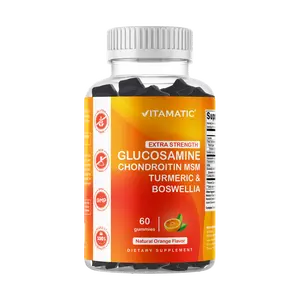 Vitamatic Extra Strength Glucosamine Complex Gummies with Chondroitin Sulfate, MSM, Turmeric, Boswellia & Sodium - 60 Pectin-Based, Natural Orange Flavor, Gluten-Free, Non-GMO, US-Made Joint Support Dietary Supplement