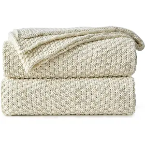Cream Knitted Cotton Throw Blanket for Couch, Soft, Cozy Machine Washable 100% Cotton Sofa Cable Knit, 4.0lb Weight, 60 x 80 Inches, Beige Color