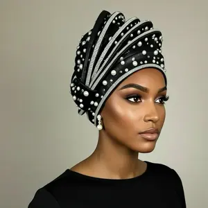 Pleated Knit Turban with Beads and Pearls - Elegant Black Headscarf for Women