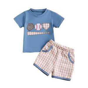 Toddler Baby Boy Baseball Outfit Summer Clothes Embroidery Letters Short Sleeve T-shirt Top Elastic Waist Plaid Shorts Set 2Pcs